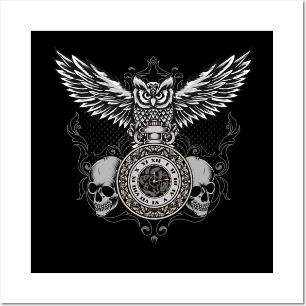 Owl With Clock Skull Time Steampunk Illustration Wall Art by Foxxy Merch